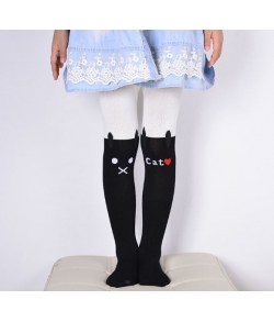 Колготки с кошками на коленях детские бело-черные