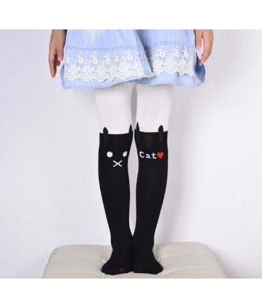 Колготки с кошками на коленях детские бело-черные